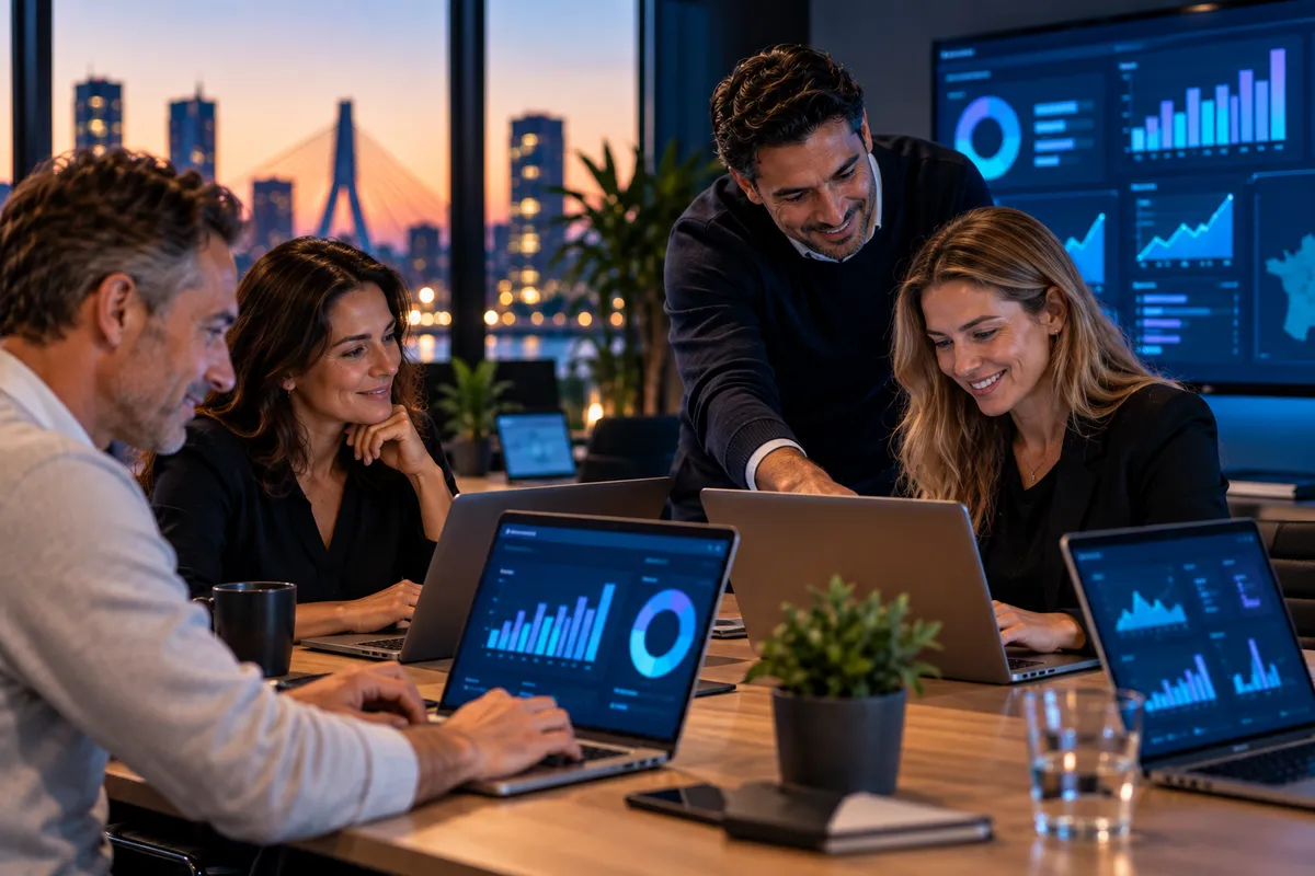Trainer helpt een deelnemer tijdens een praktijktraining met dashboards op laptops