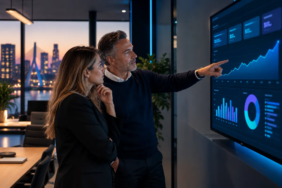 Directeur en controller bekijken samen een dashboard met omzetgroei op een groot scherm