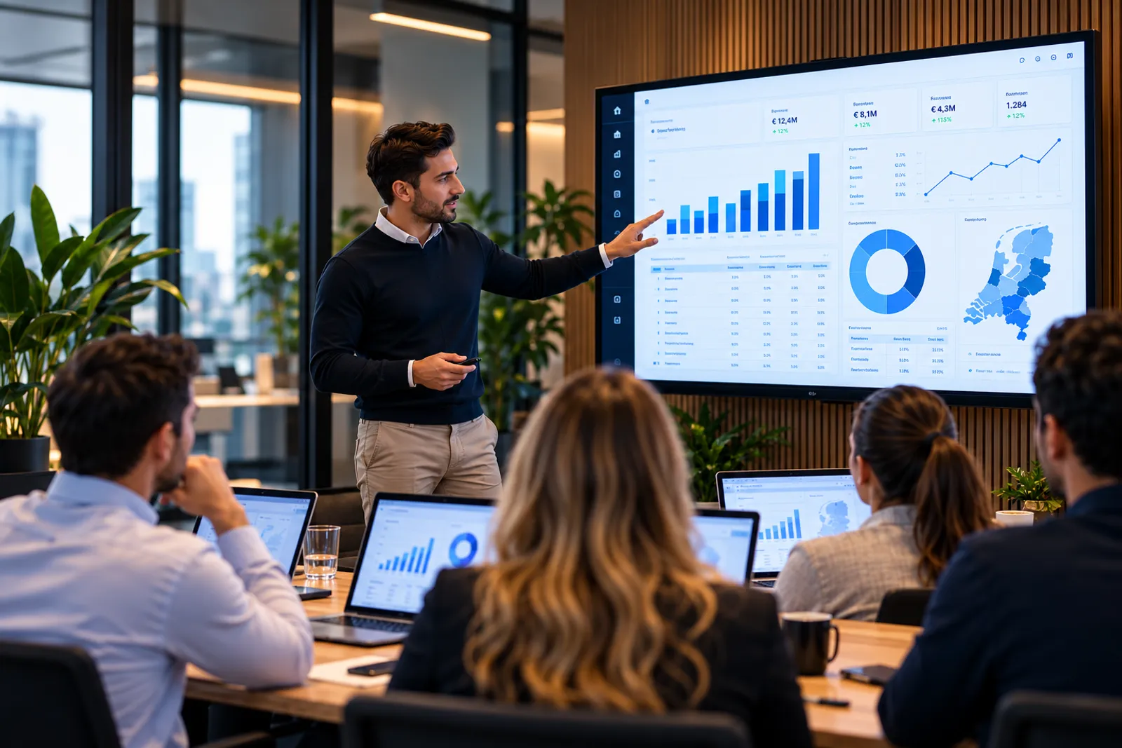 Trainer geeft een Power BI-training aan een team met laptops